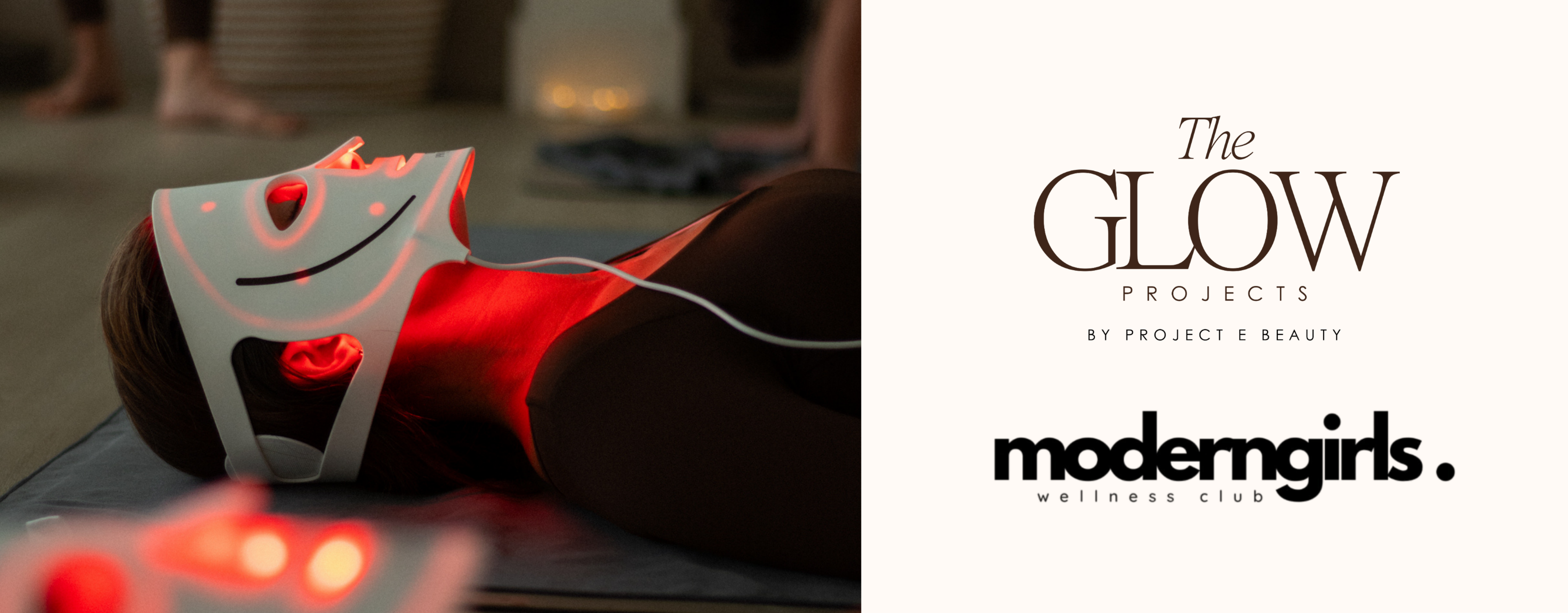 Woman relaxing on yoga mats wearing Project E Beauty red light therapy masks for post-workout skin recovery
